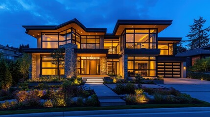 Fototapeta premium Modern luxury home at twilight, illuminated windows, landscaped gardens, stone facade, driveway.