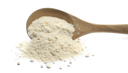  Organic coconut flour in wooden spoon isolated on white, top view