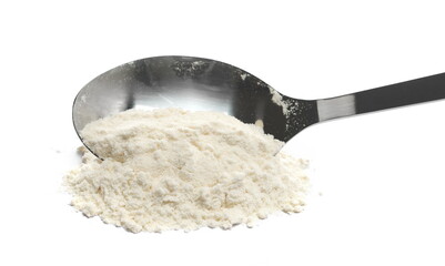 Organic coconut flour in metal spoon isolated on white, side view, clipping