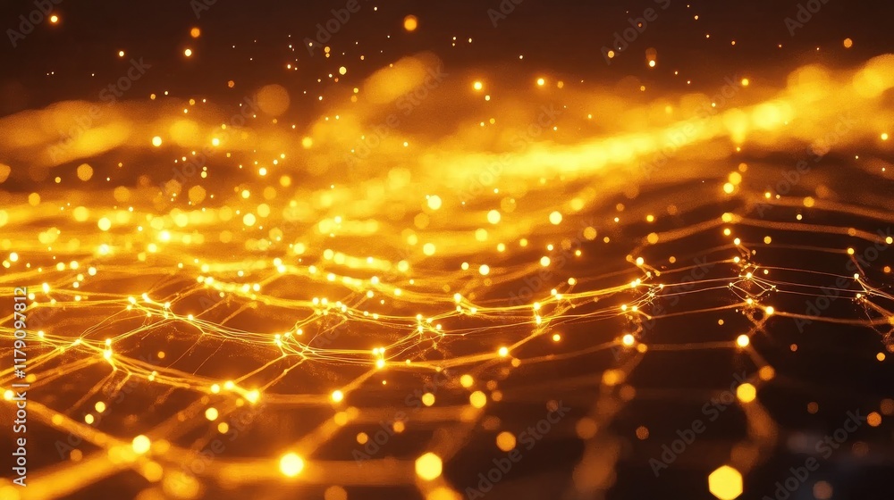 Poster a futuristic and abstract background featuring a honeycomb pattern with glowing orange and yellow li