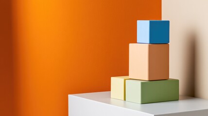 Stacked colorful cubes on white surface against vivid background