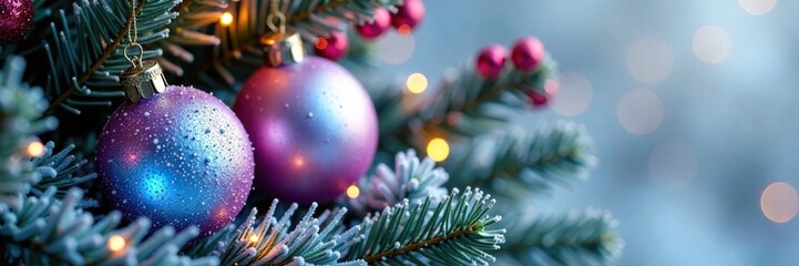 Pink and blue frosted glass ornaments on a wreath, frosted, wreath
