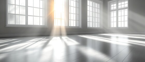 Sunbeams in empty room with large windows.