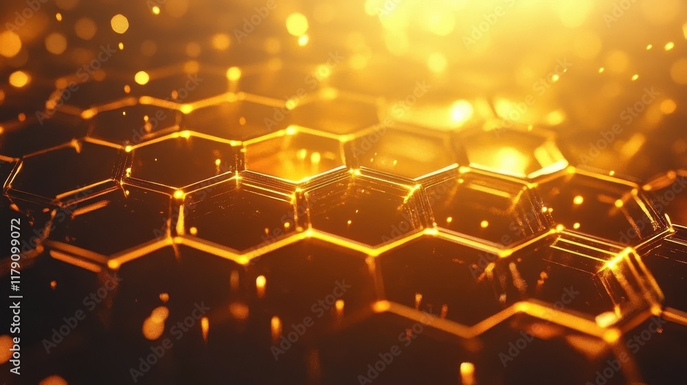 Poster a futuristic and abstract background featuring a honeycomb pattern with glowing orange and yellow li