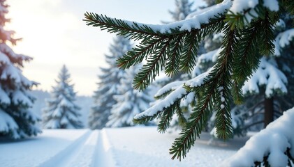 Obraz premium Snow-covered spruce tree branches stretch towards sky, bark, snow, wood