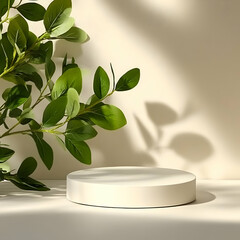 White Cylinder Product Display, Green Leaves Illustration
