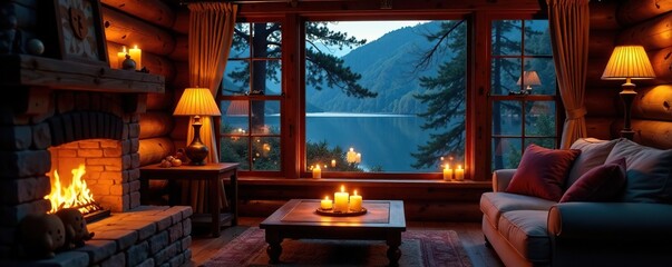 Cozy lodge windows reflect a warm and inviting glow of twinkling candles, peaceful, serene, lodge