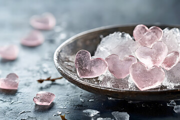 Naklejka premium Pink candy hearts melting on ice in a metal bowl