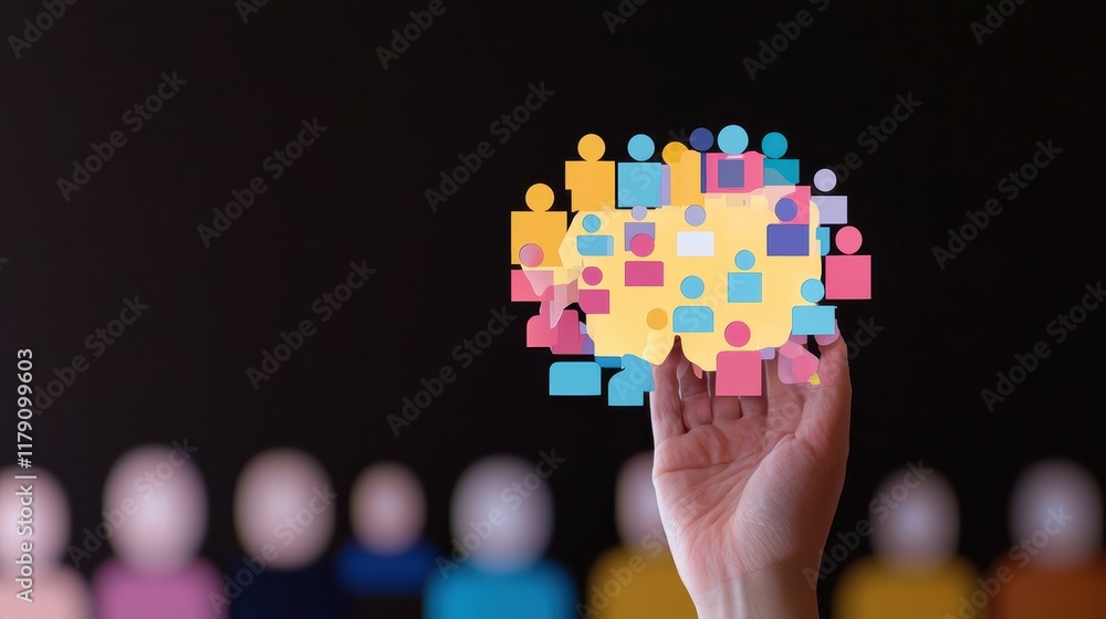 Aufkleber concept of teamwork with colorful figures in hands