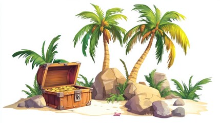 Tropical island with open treasure chest, palm trees and rocks. Vector cartoon illustration isolated on white background