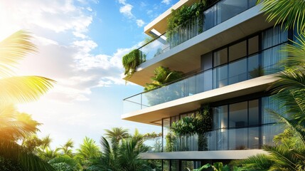 Obraz premium Modern apartment building with lush tropical landscaping and balconies.