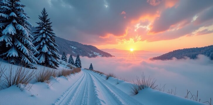 Fiocchi di neve lievi cadono su un cielo grigio scuro al tramonto, fog, sunset,