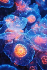 Coral reef with bioluminescent jellyfish-like corals glowing in blue and orange colors at sea level