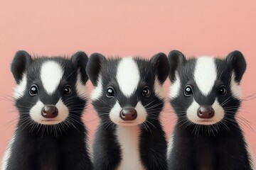 Three cute cartoon-style badgers with large eyes against a soft pink background.