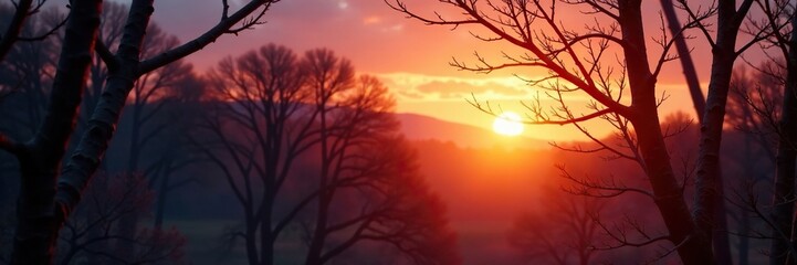 Fototapeta premium Sunset filters through the bare trees' boughs, soft, light, filter
