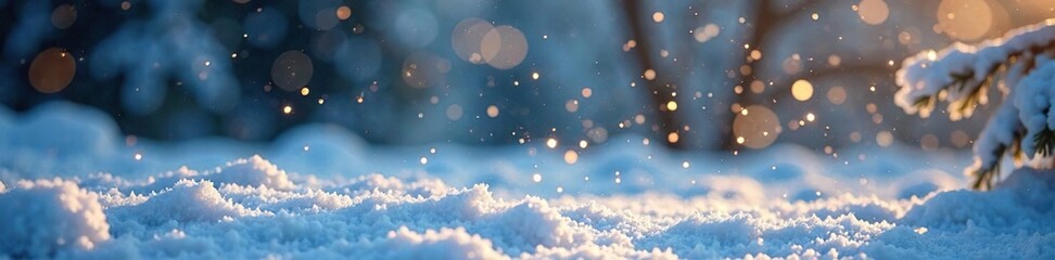 Fototapeta premium Tiny golden snowflakes dance in the air amidst a frozen winter scene, winter wonderland, frosty