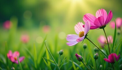 Fototapeta premium Tall grass and cosmos flowers with dew drops on the leaves, lush landscape, dew drops, floral arrangement
