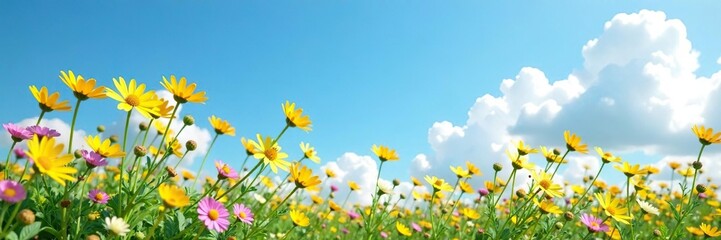 Yellow daisies and pink clover swaying gently in the breeze against a clear blue summer sky with scattered clouds, blue sky, flowers