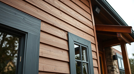 Fototapeta premium Brown Wood Siding and Dark-Framed Windows on Residential Building Exterior