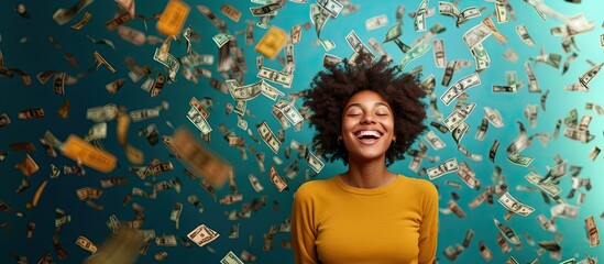 Woman joyfully celebrating with money falling around her in vibrant setting