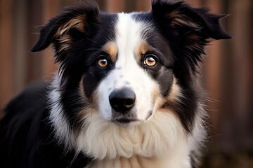 close up of a border collies face black and white fur alert ears