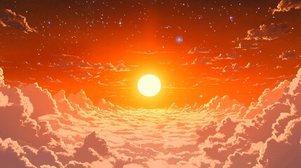 Obraz premium Sky anime sunset background with cartoon clouds and setting sun vector landscape. Summer evening cloudy sky dramatic scene with orange sunlight, stars, white clouds. Anime sunset or twilight panorama
