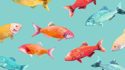 Fototapeta premium A pattern of colorful fish on a turquoise background.