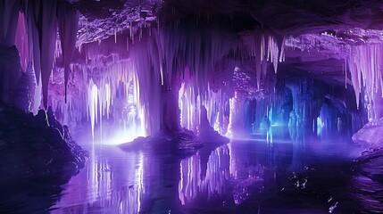 Enchanted Cave with Purple Icicles Reflecting in Water