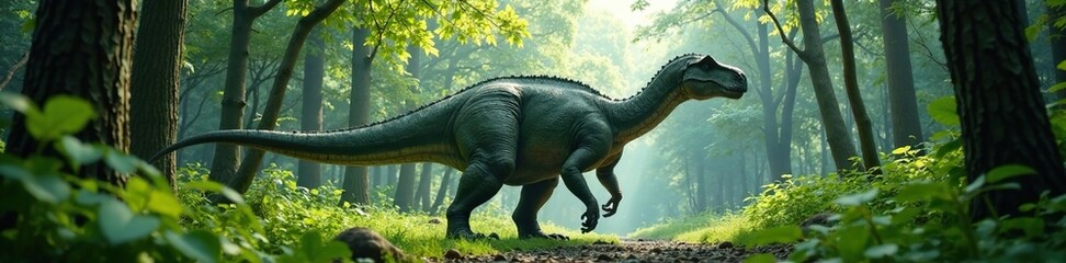 Fototapeta premium Massive Apatosaurus roams freely through the dense forest, dense, herbivores, roaming