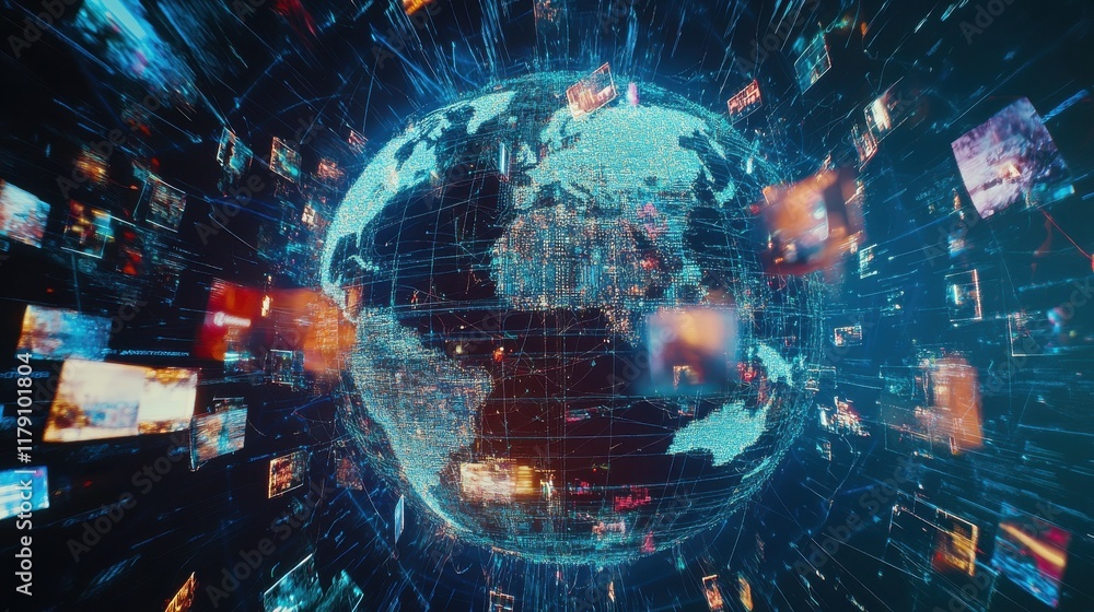 Poster abstract digital globe with global network connections and images of media content floating around i