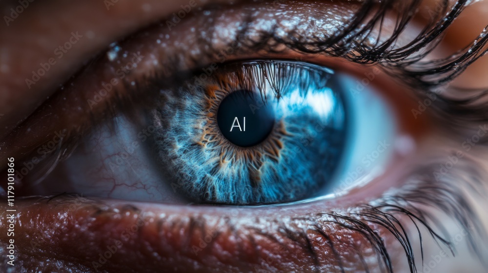 Poster female eye with overlay of printed circuit board. concepts of artificial intelligence development