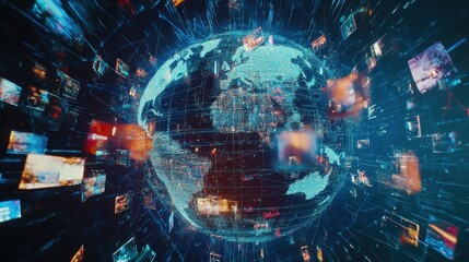 Fototapeta premium Abstract digital globe with global network connections and images of media content floating around it, representing the world's interconnectedness in modern communication technology Generative AI