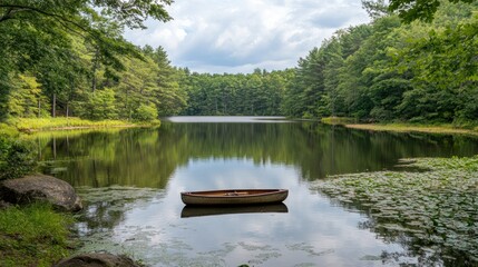 Serene lake scene with a small rowboat at its center, surrounded by lush green forest.