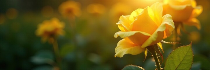 Yellow rose stem with thorns glistening in sunlight, sunbeam, flower