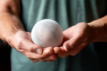 close up of a persons hands holding a stress ball