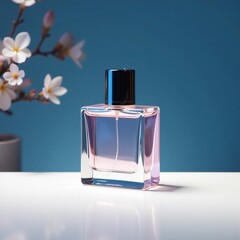 Compact square perfume bottle on a white surface, white, cologne