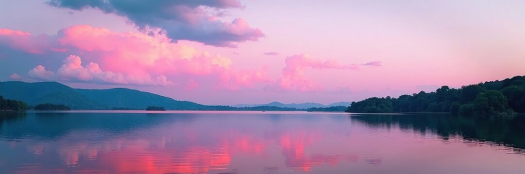 Pink cloudy sky of Kaptai Lake with gentle ripples, kaptai lake, serene landscape