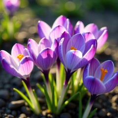 Soft petals of purple crocus flowers unfolding in the garden, garden scene, garden, wildflowers