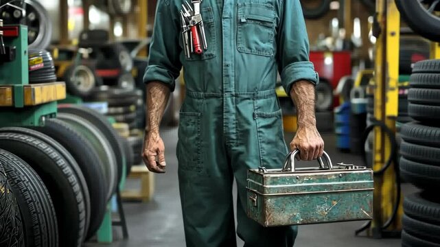 Mechanic in Green Coveralls Carrying a Rusty Tool Box in a Tire Shop