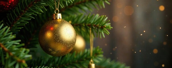 Fototapeta premium Golden ornament hanging from a branch of a Christmas tree, ornaments, branches, decorations