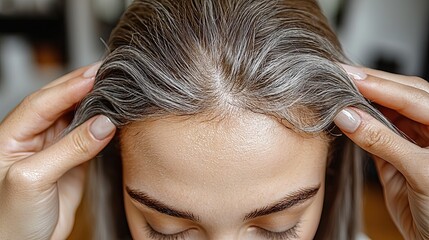 Naklejka premium Close up of woman examining gray hair roots