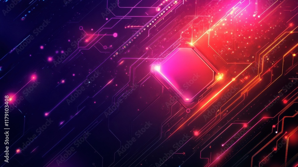 Poster abstract digital background with glowing neon lines and cyberpunk elements