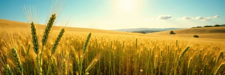 Naklejka premium Wheat stalks stretch towards the sun amidst rolling hills of golden wheat under a clear blue sky, sunny, green