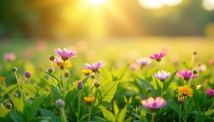 Wildflowers swaying in the gentle morning dew, morning dew, wildflower field, field