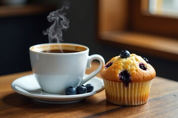 Steaming coffee next to a freshly baked blueberry muffin on a wooden table, wooden_surface, hot_drinks