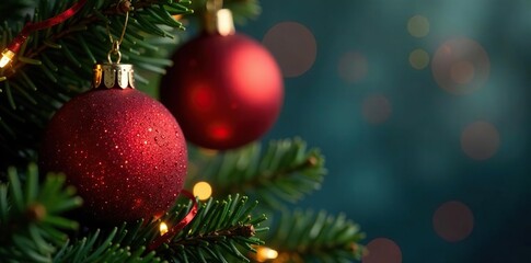 Glittering red ornaments on a sparkling Christmas tree, glitter, festive, holiday