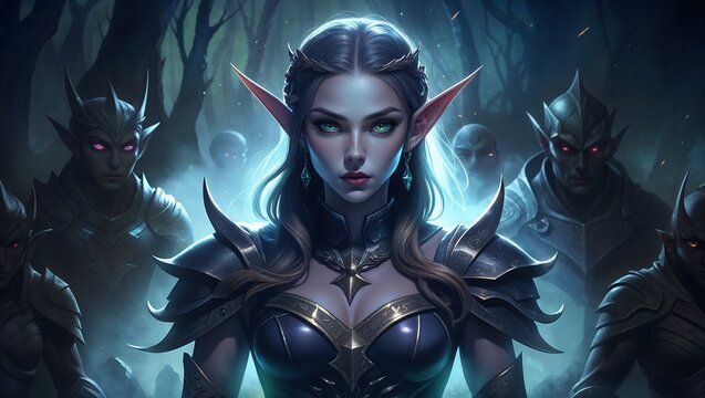 Powerful Warrior Elf with Horns and Glowing Eyes in an Enchanted Forest, Wearing Golden Armor and Surrounded by Fire Sparks, Depicting a Fierce and Mystical Fantasy Scene