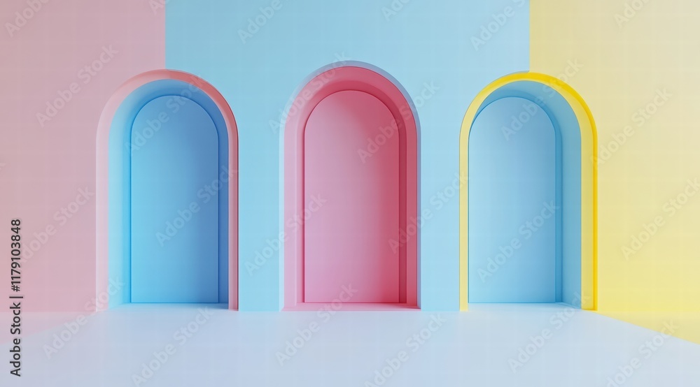 Poster abstract background with three arched doorways in different colors.
