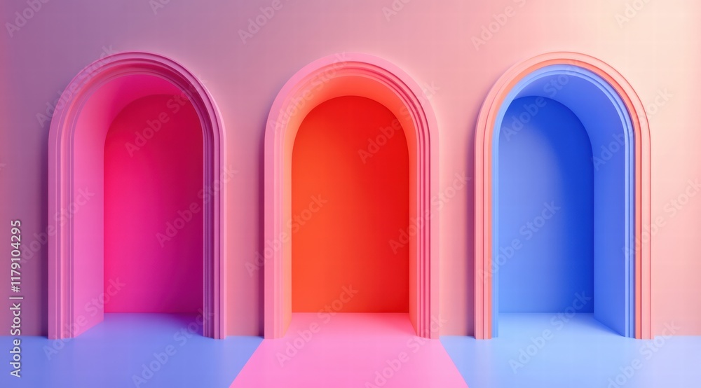 Poster abstract background with three arched doorways in different colors.