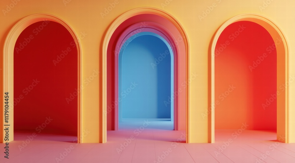 Poster abstract background with three arched doorways in different colors.